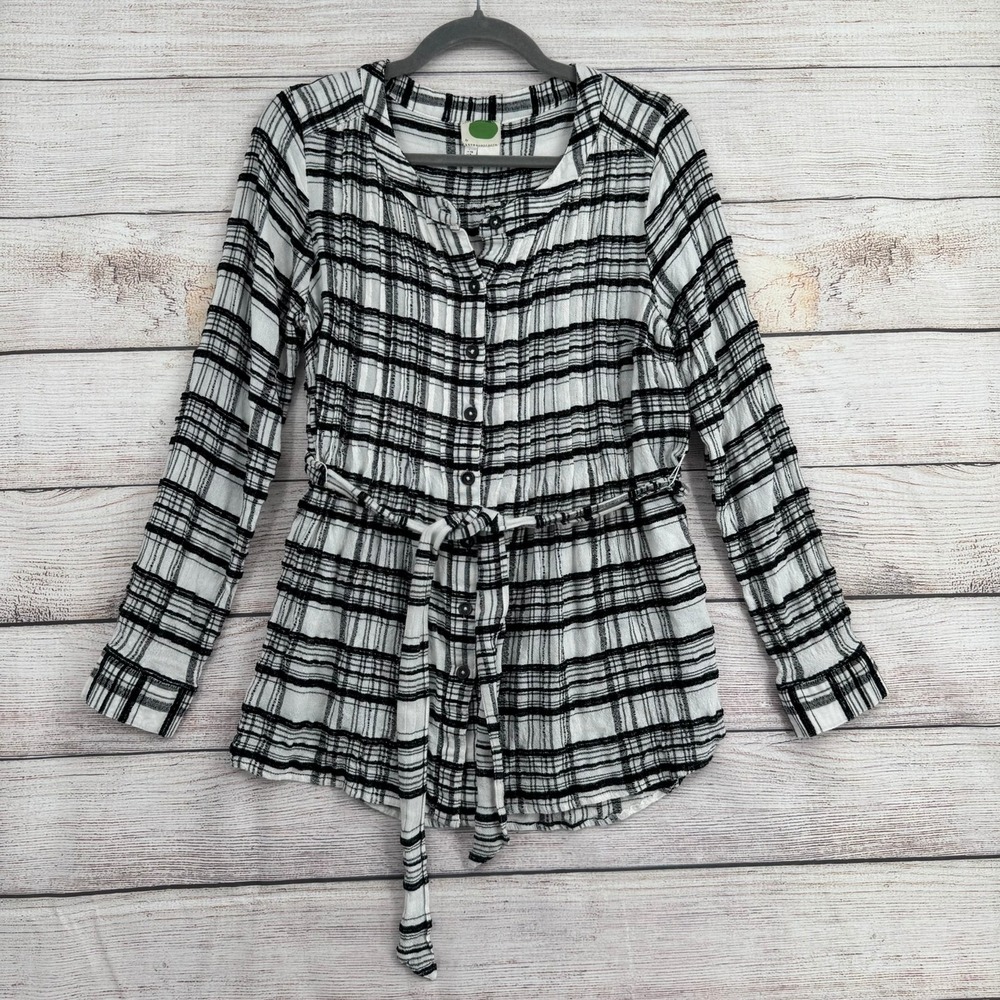 Anthropologie Button Down Top Women Size 8 Black White Plaid Tie Waist